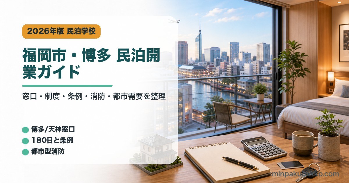 福岡市・博多の民泊開業で確認する窓口、制度、条例、消防、都市需要をまとめたアイキャッチ画像