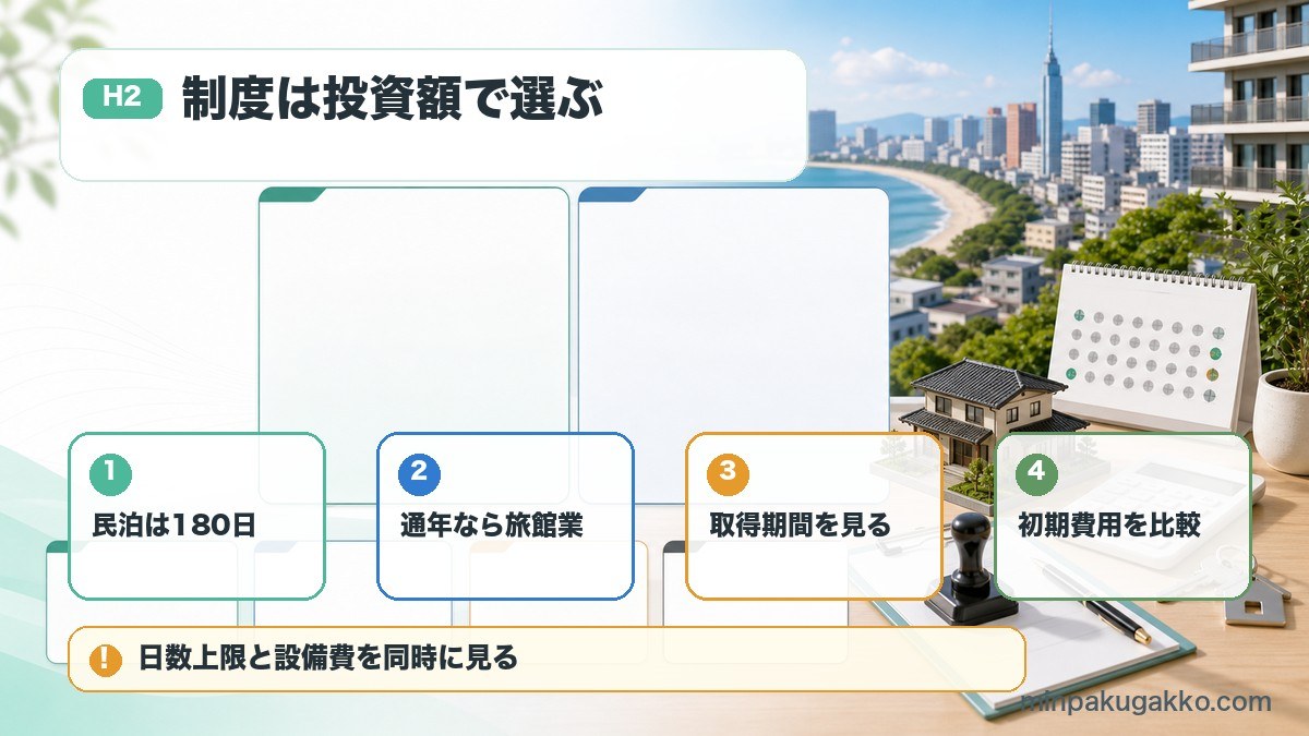 福岡市の民泊制度で住宅宿泊事業法の180日、旅館業、取得期間、初期費用を比較する図