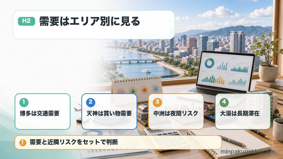 福岡市の民泊需要で博多、天神、中洲、大濠の需要と近隣リスクを整理した図