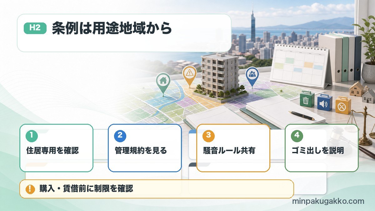 福岡市の民泊条例で住居専用地域、管理規約、騒音、ゴミ出しルールを確認する図