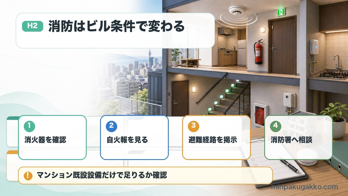福岡市の都市型マンション民泊で消火器、自動火災報知設備、避難経路、消防署相談を確認する図