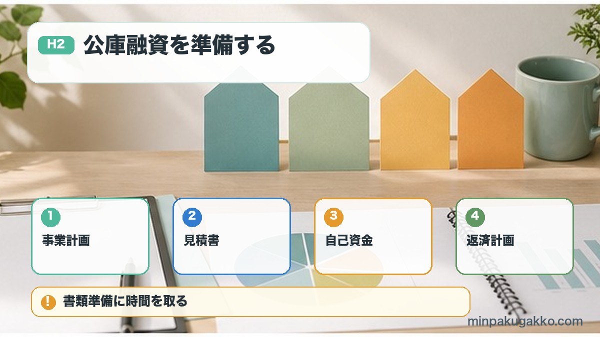 公庫融資を準備するを事業計画、見積書、自己資金、返済計画で整理する図解