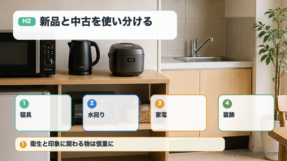 民泊家具家電を寝具水回り家電装飾で使い分ける図解