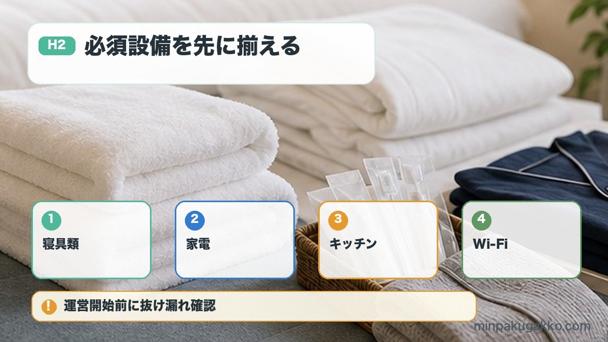 民泊の寝具類家電キッチンWi-Fiを揃えるチェックリスト図解