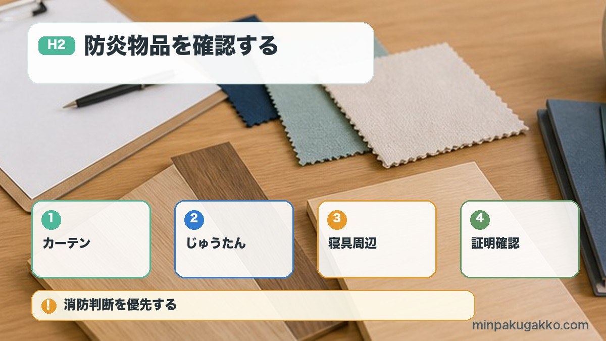民泊の防炎物品でカーテンじゅうたん寝具周辺証明確認を整理する図解