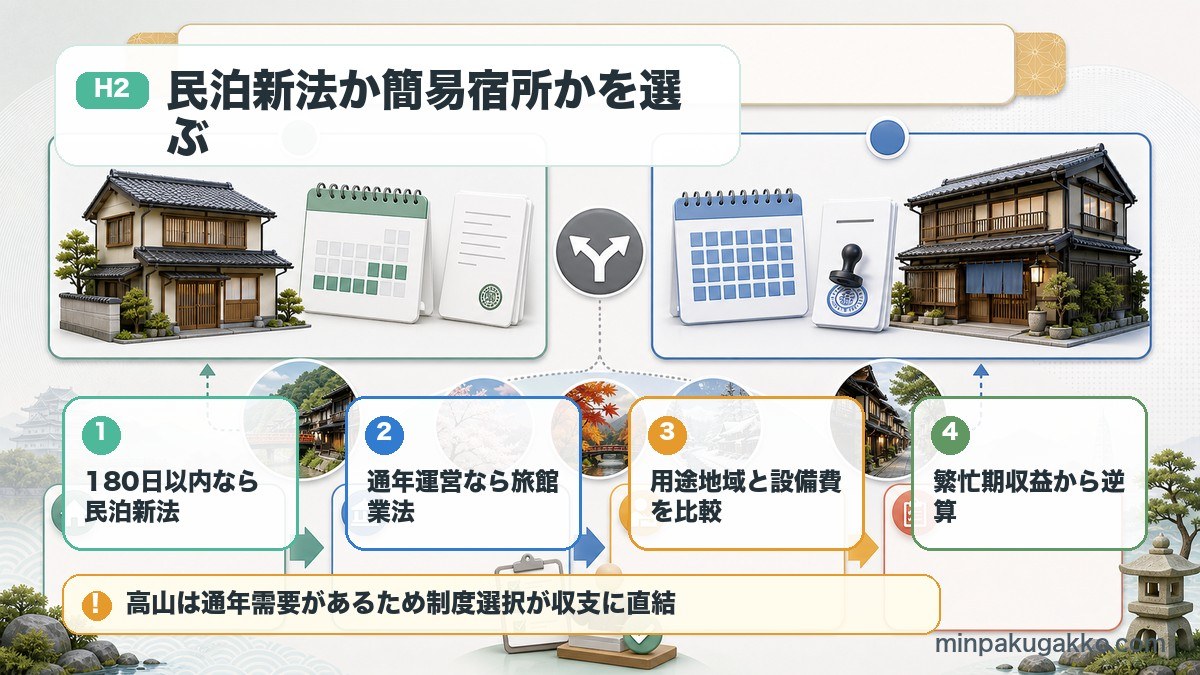 高山市で民泊新法と旅館業法のどちらを選ぶかを営業日数、用途地域、設備費、繁忙期収益で比較する図