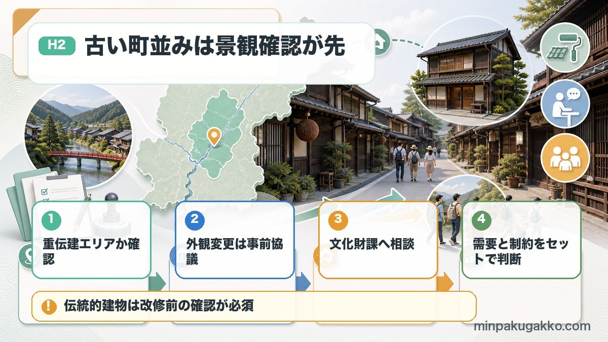 飛騨高山の古い町並みエリアで重伝建、外観変更、文化財課相談、需要と制約を確認する図