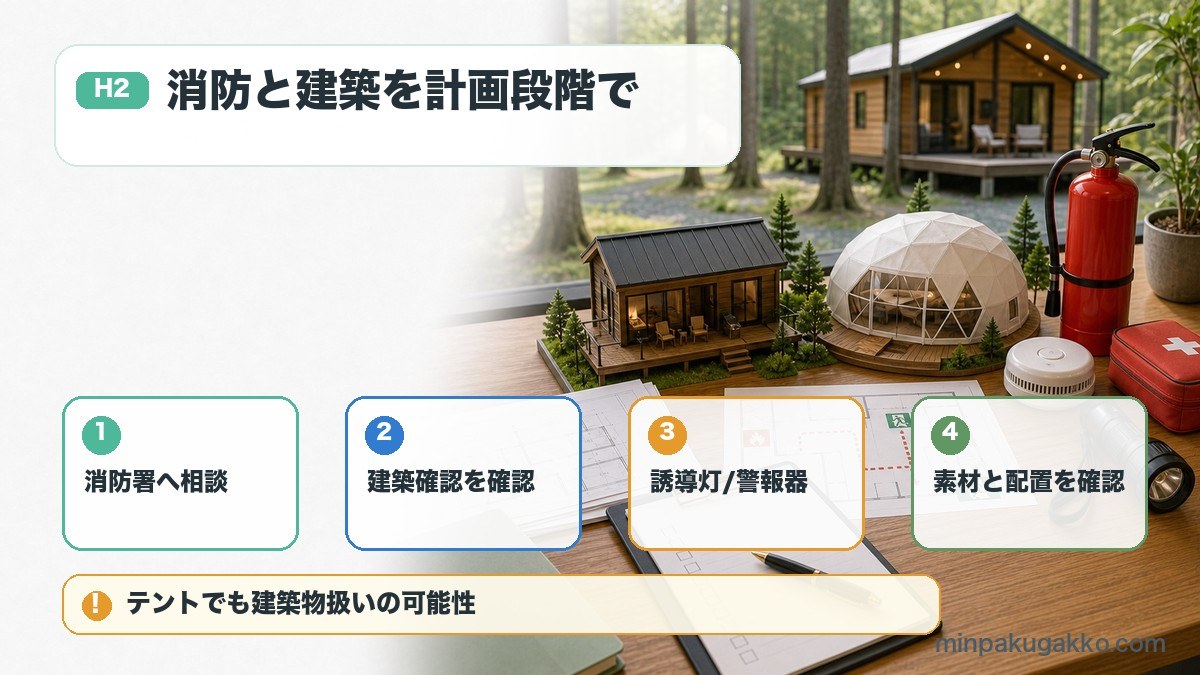 グランピングの消防設備と建築基準法で消防署相談、建築確認、誘導灯警報器、素材配置を整理した図