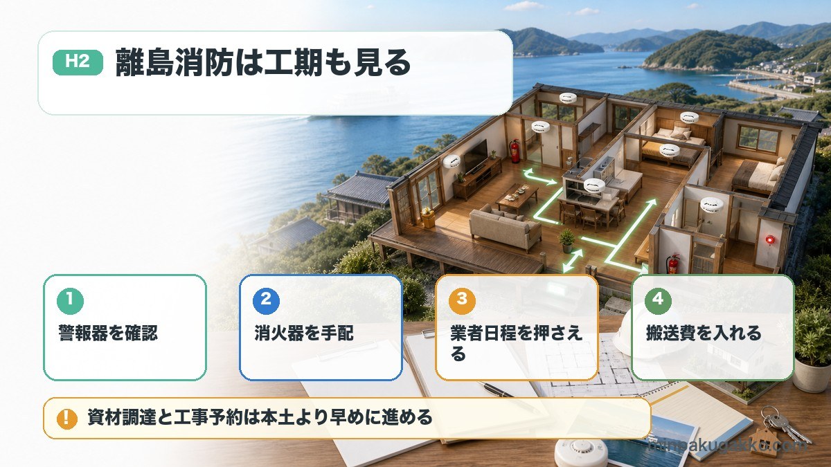 五島列島の民泊消防設備で警報器、消火器、業者日程、搬送費を確認する図