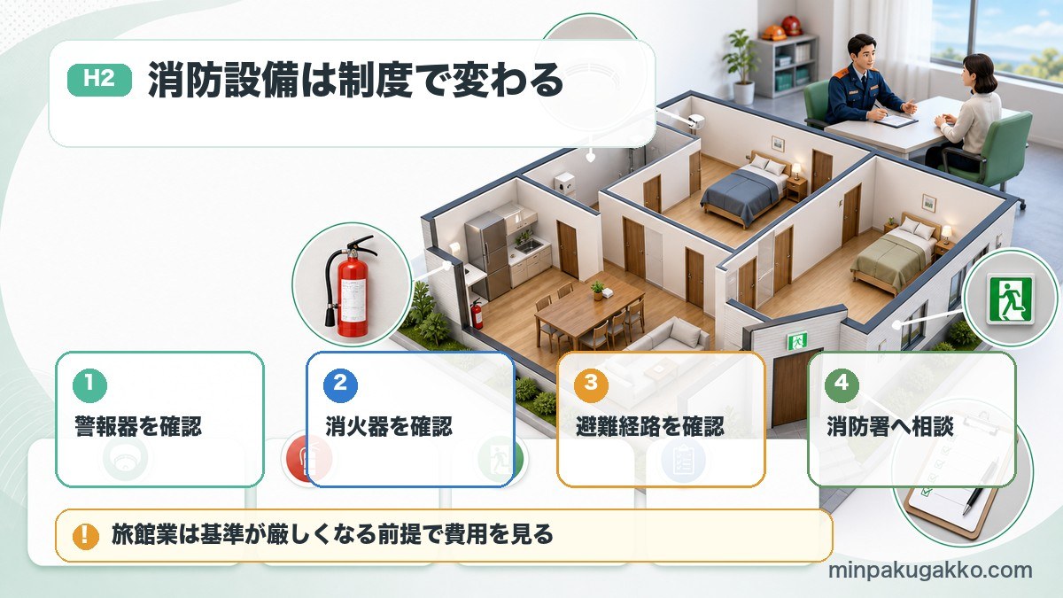 群馬県の民泊で住宅宿泊事業法と旅館業法に応じた警報器、消火器、避難経路、消防署相談を整理した図