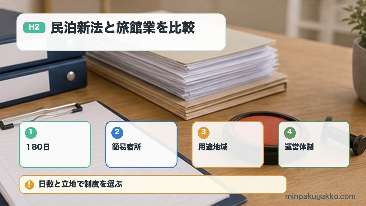 民泊新法と旅館業を比較を180日、簡易宿所、用途地域、運営体制で整理する図解