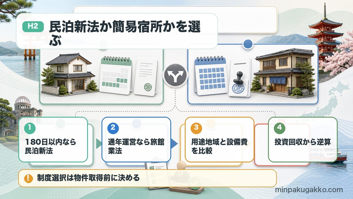 広島と宮島エリアで民泊新法と旅館業法のどちらを選ぶかを営業日数と設備費で比較した図