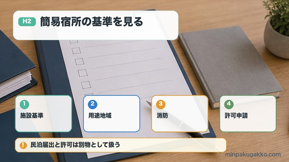 簡易宿所の基準を見るを施設基準、用途地域、消防、許可申請で整理する図解
