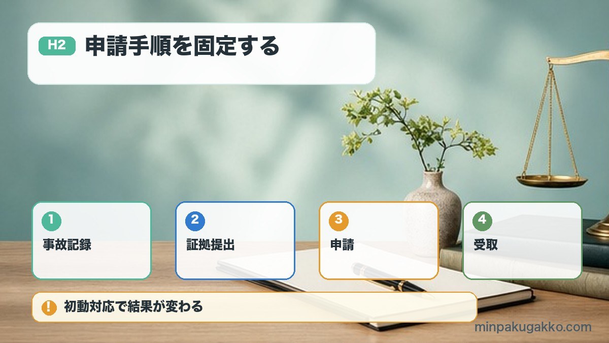 申請手順を固定するを事故記録、証拠提出、申請、受取で整理する図解