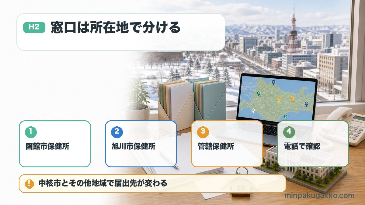 北海道の民泊届出で函館市保健所、旭川市保健所、管轄保健所、電話確認を整理した図