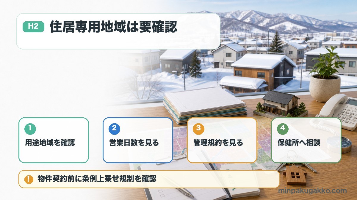 北海道の民泊条例で用途地域、営業日数、管理規約、保健所相談を確認する図