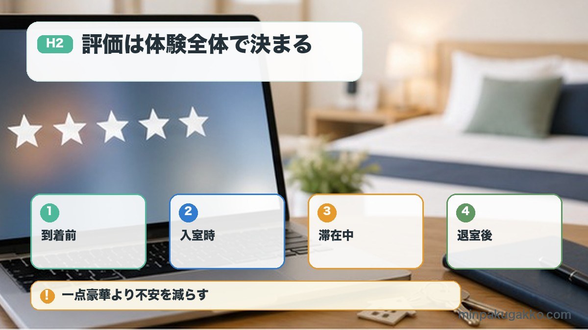 評価は体験全体で決まるを到着前、入室時、滞在中、退室後で整理する図解