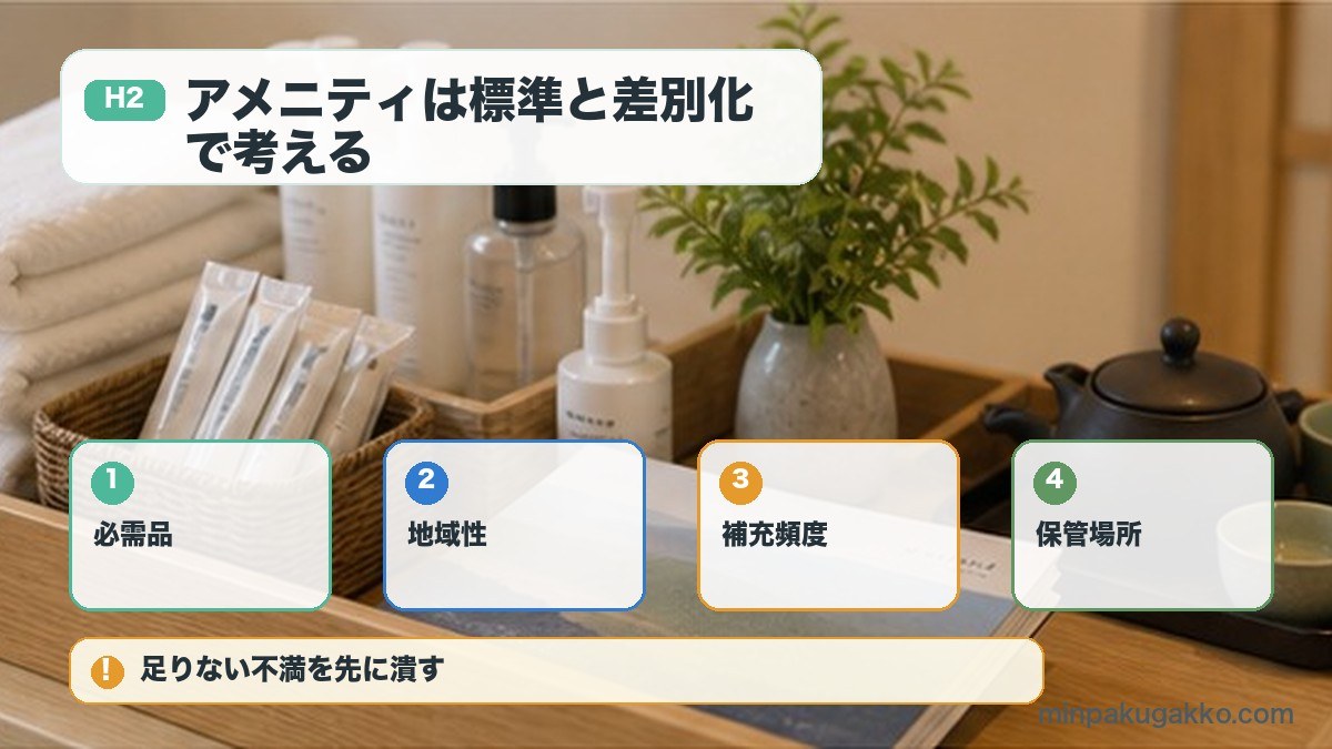 アメニティは標準と差別化で考えるを必需品、地域性、補充頻度、保管場所で整理する図解