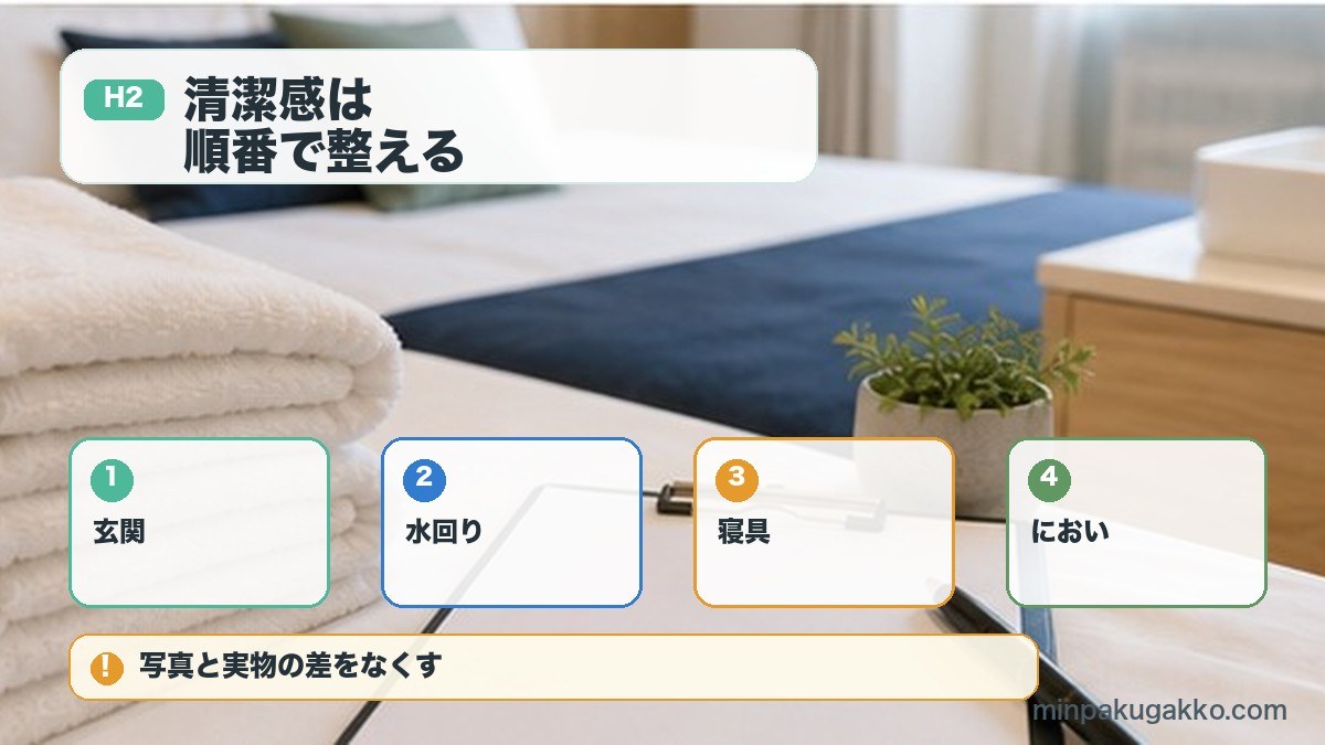 清潔感は目に入る順で整えるを玄関、水回り、寝具、においで整理する図解