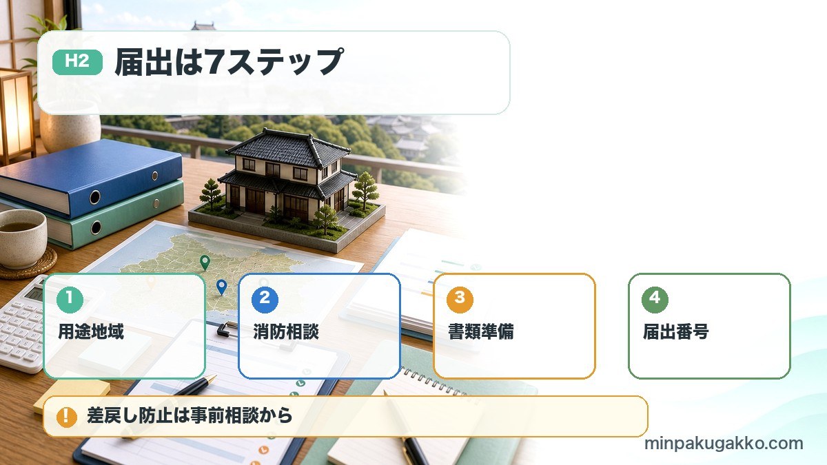 姫路市の民泊届出フローで用途地域、消防相談、書類準備、届出番号を整理した図