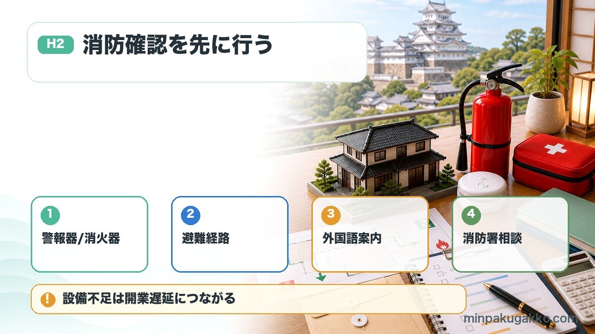 姫路市の民泊消防対応で警報器消火器、避難経路、外国語案内、消防署相談を整理した図