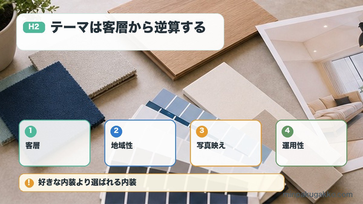 テーマは客層から逆算するを客層、地域性、写真映え、運用性で整理する図解