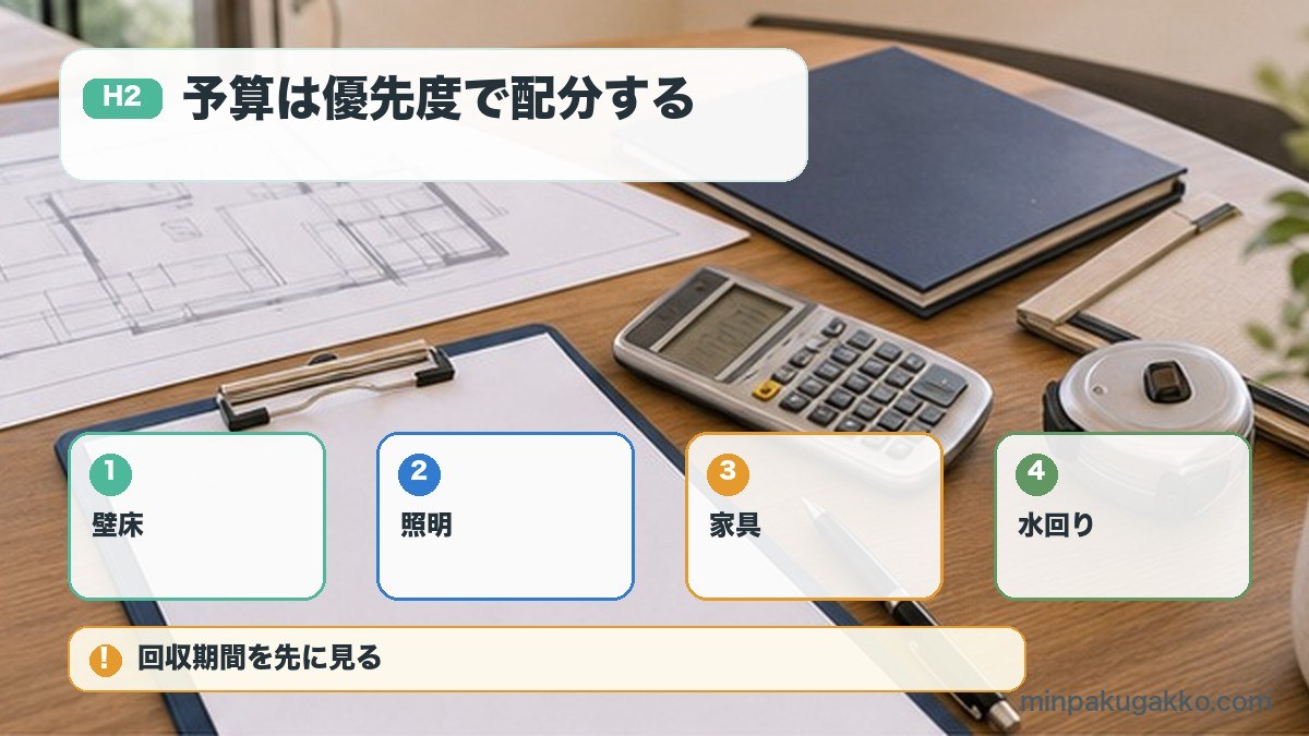 予算は優先度で配分するを壁床、照明、家具、水回りで整理する図解