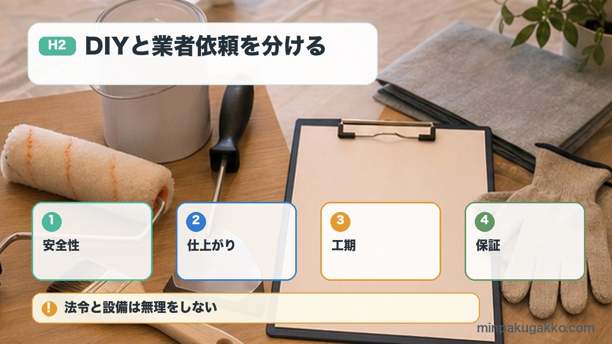DIYと業者依頼を分けるを安全性、仕上がり、工期、保証で整理する図解