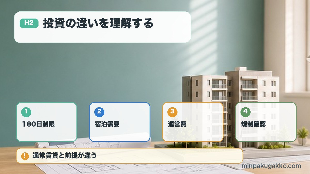 投資の違いを理解するを180日制限、宿泊需要、運営費、規制確認で整理する図解