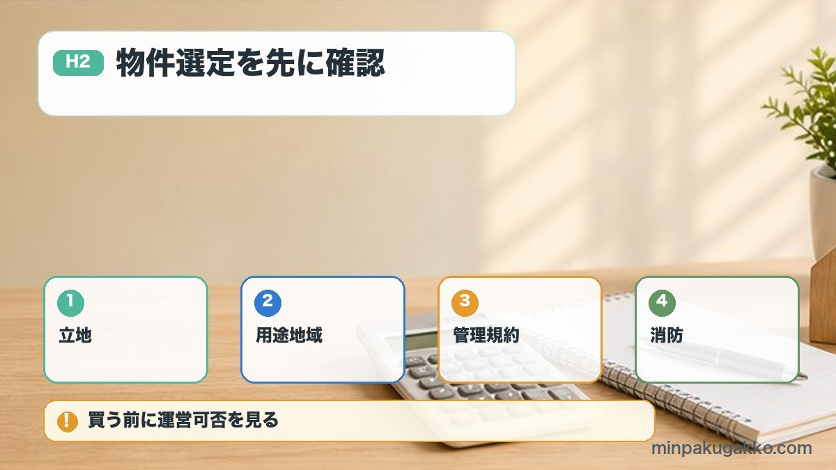 物件選定を先に確認を立地、用途地域、管理規約、消防で整理する図解