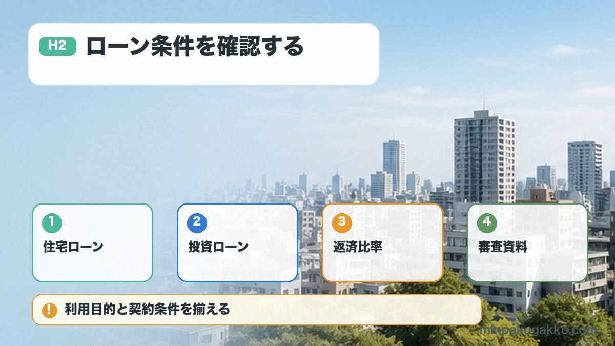 ローン条件を確認するを住宅ローン、投資ローン、返済比率、審査資料で整理する図解
