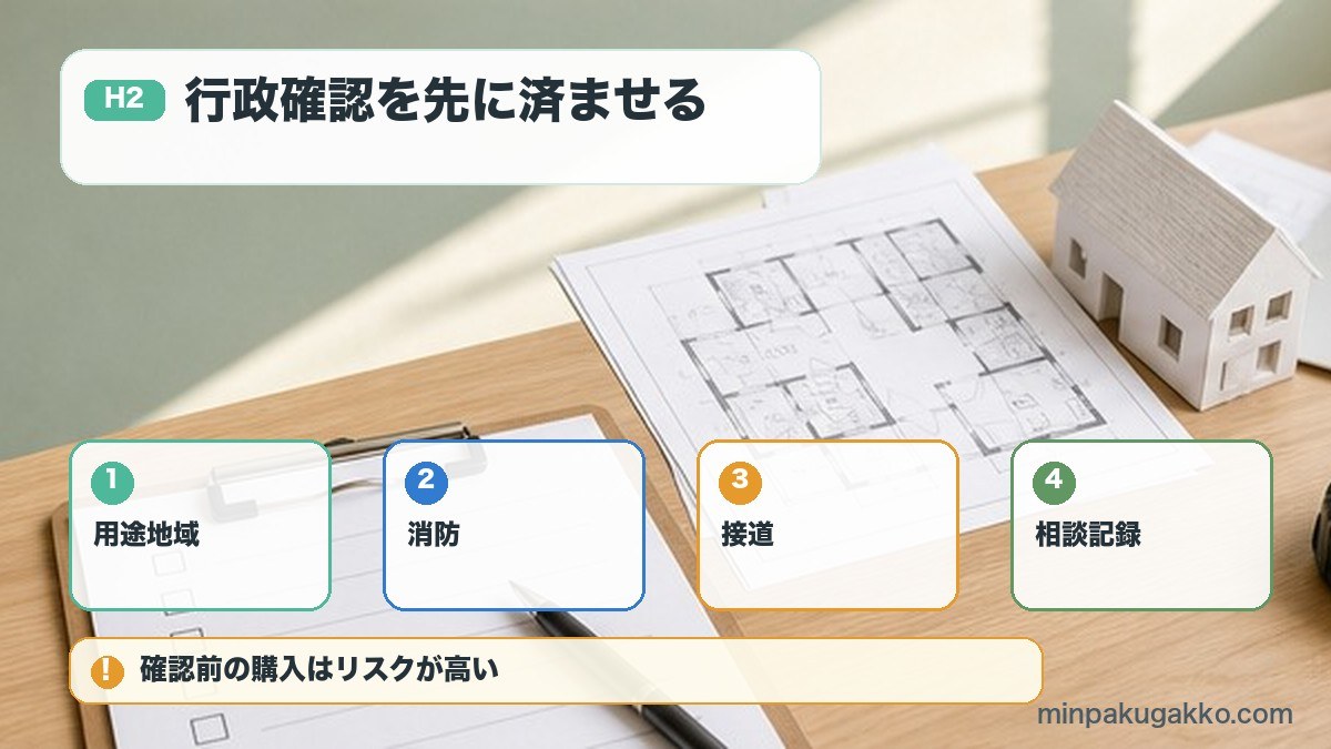 行政確認を先に済ませるを用途地域、消防、接道、相談記録で整理する図解