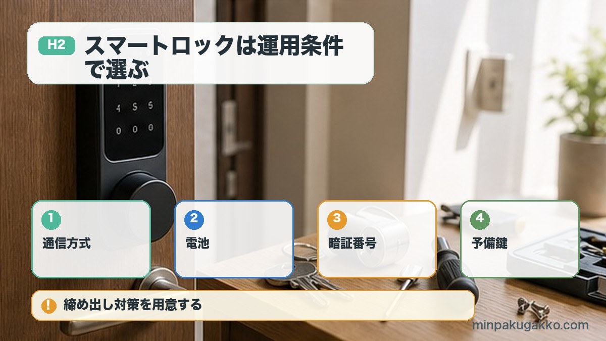 スマートロックは運用条件で選ぶを通信方式、電池、暗証番号、予備鍵で整理する図解