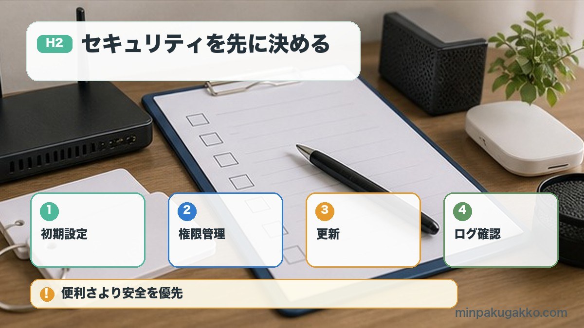セキュリティ対策を先に決めるを初期設定、権限管理、更新、ログ確認で整理する図解