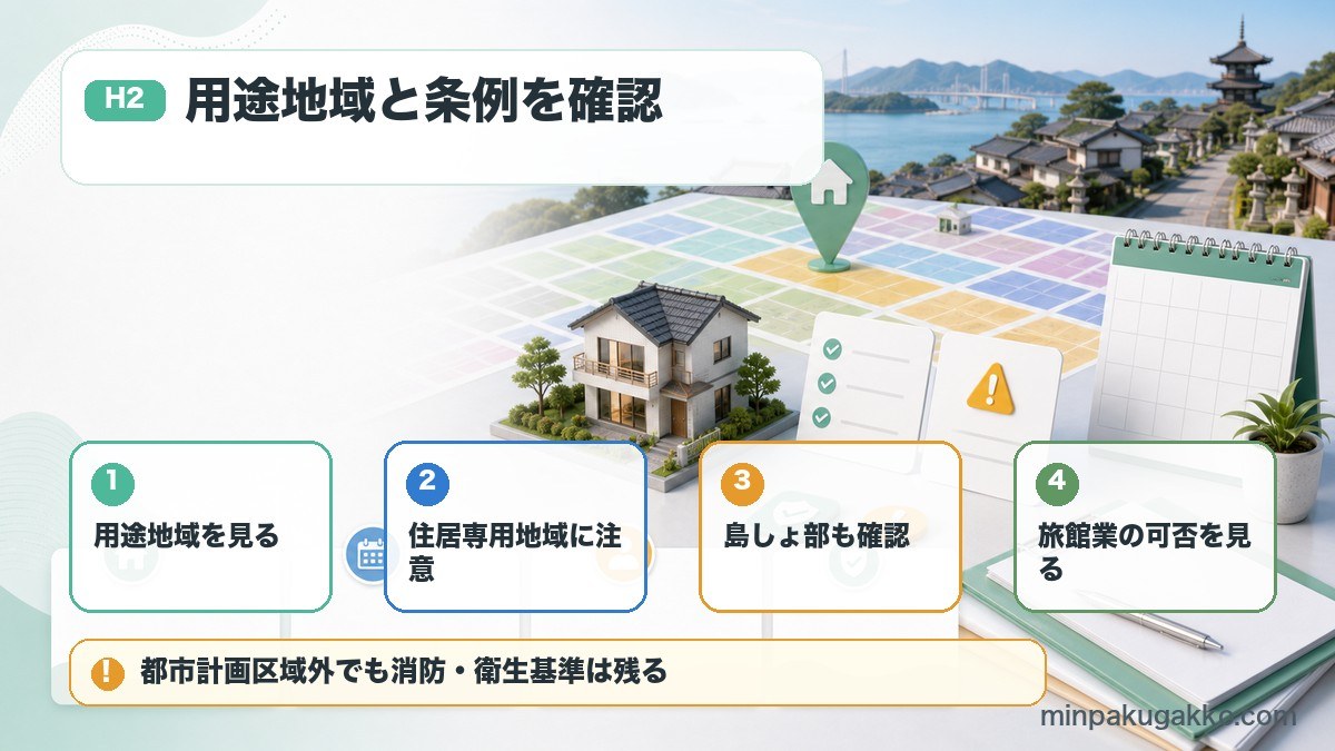 香川県の民泊で用途地域、住居専用地域、島しょ部、旅館業の可否を確認する図