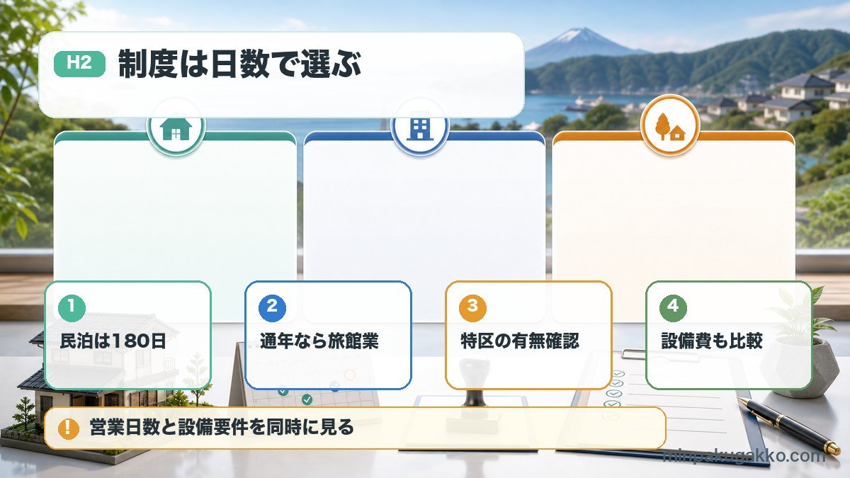 神奈川県の民泊制度で住宅宿泊事業法の180日、旅館業、特区、設備費比較を整理した図