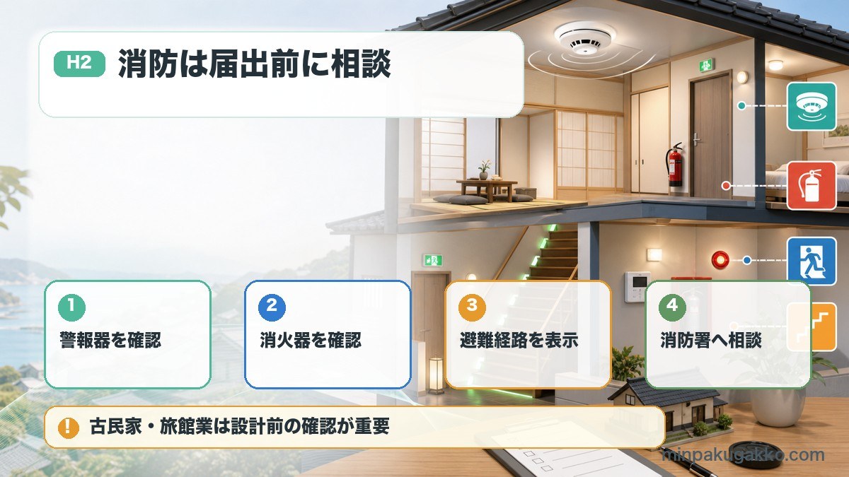 神奈川県の民泊消防で警報器、消火器、避難経路、消防署相談を確認する図