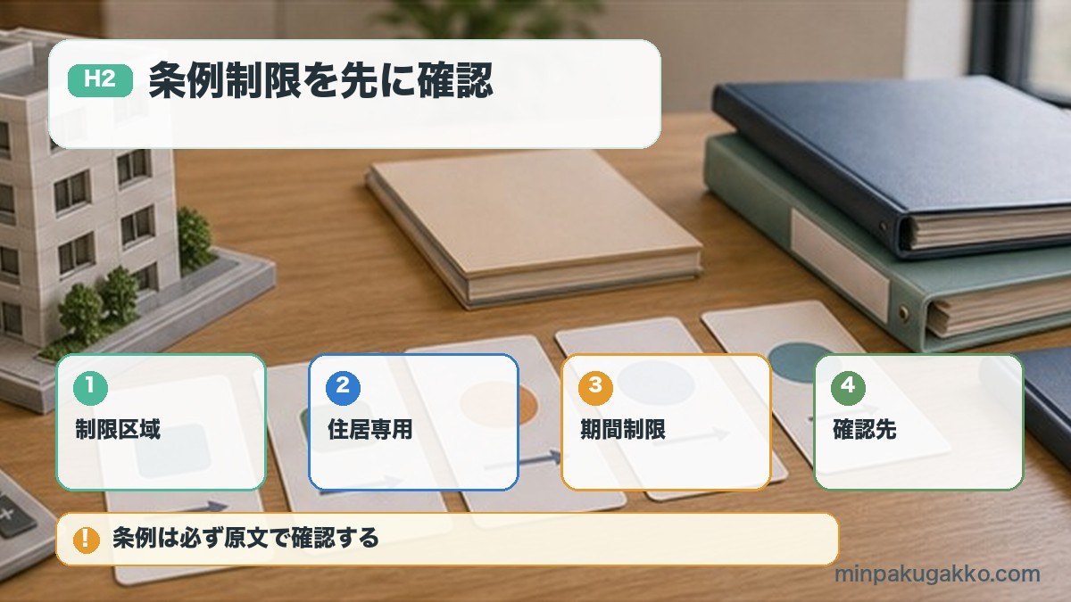 条例制限を先に確認を制限区域、住居専用、期間制限、確認先で整理する図解