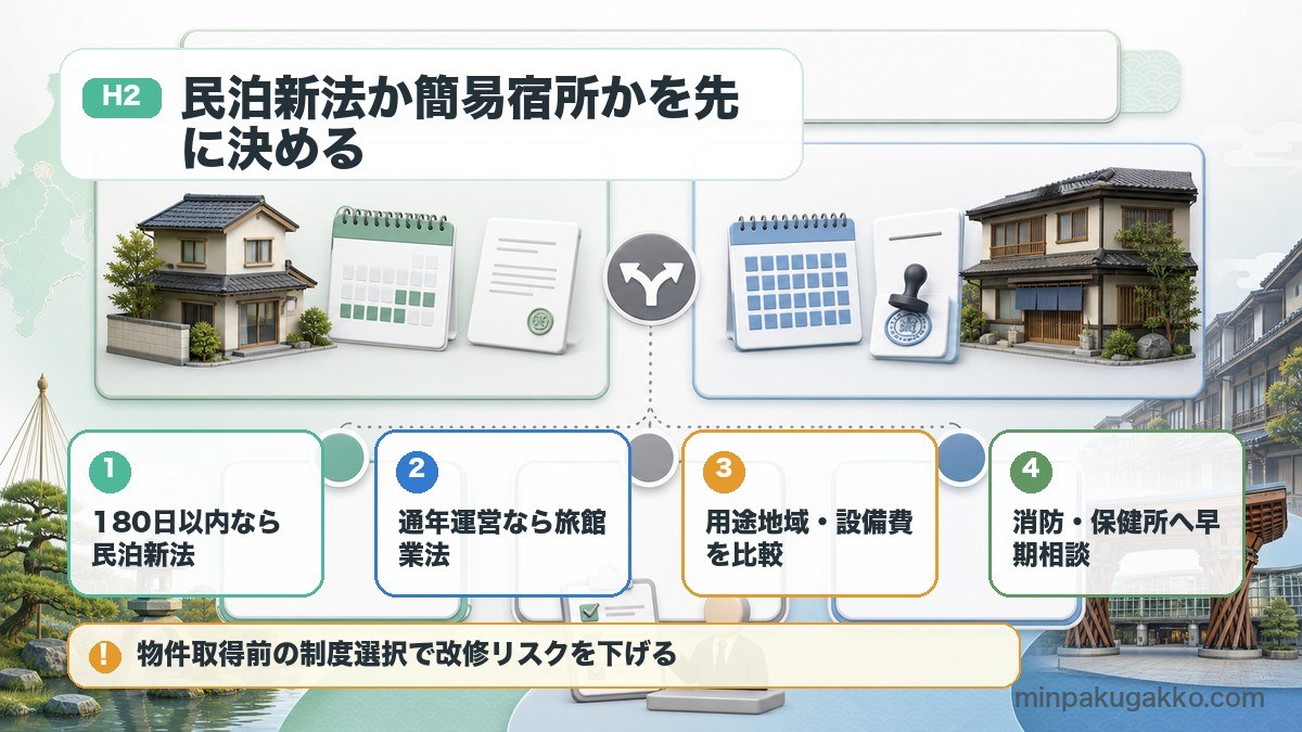 金沢市で民泊新法と旅館業法のどちらを選ぶかを、営業日数・用途地域・設備費で比較した図