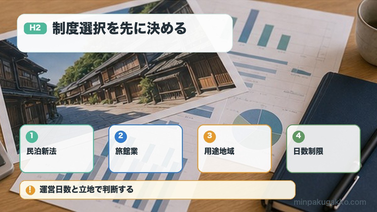制度選択を先に決めるを民泊新法、旅館業、用途地域、日数制限で整理する図解