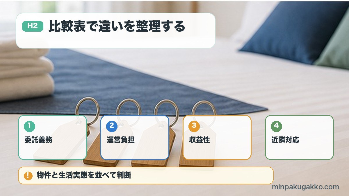 家主居住型と家主不在型を委託義務運営負担収益性近隣対応で比較する図解