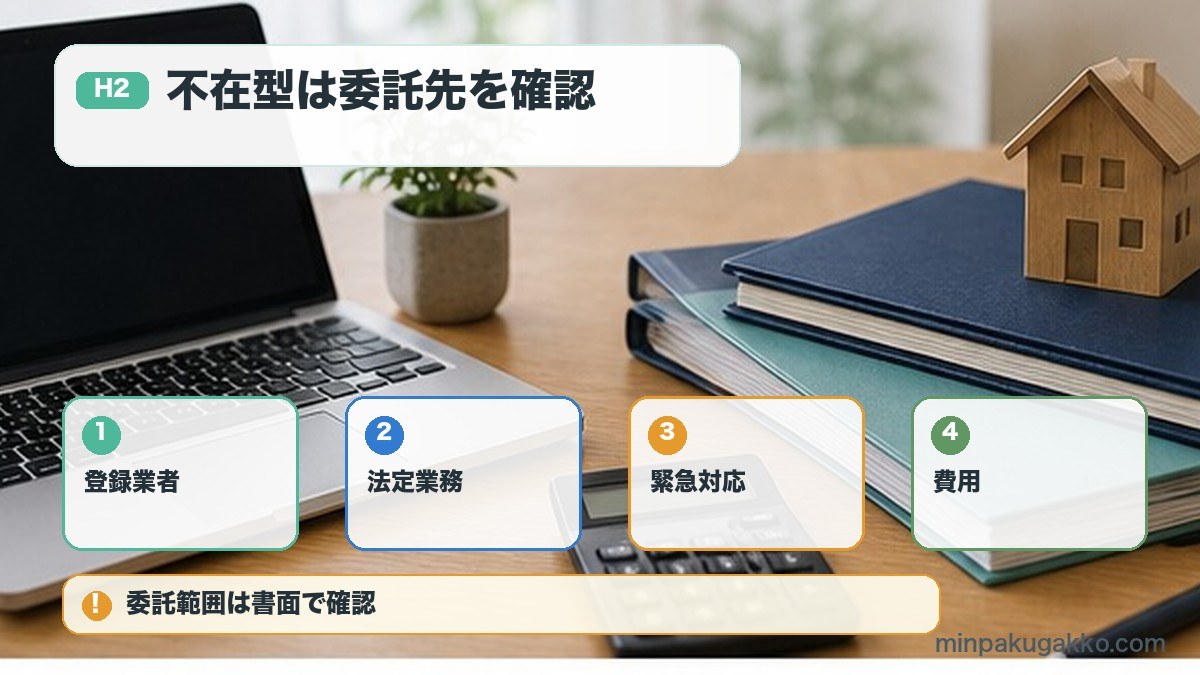 家主不在型の委託先を登録業者法定業務緊急対応費用で確認する図解