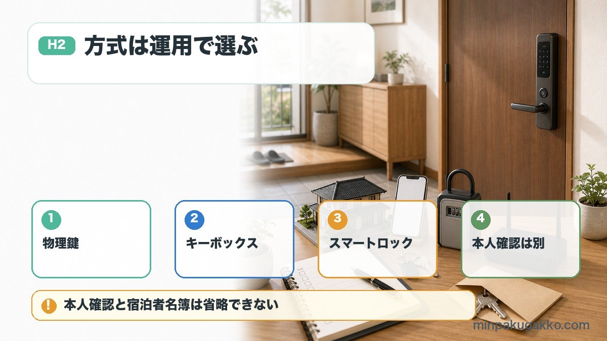 民泊の鍵管理で物理鍵、キーボックス、スマートロック、本人確認を整理した図