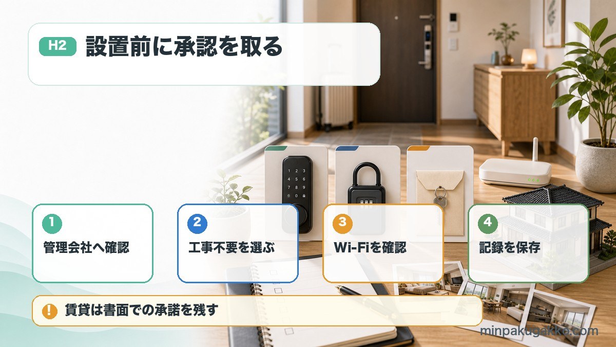 民泊のスマートロック設置で管理会社確認、工事不要タイプ、Wi-Fi確認、承諾記録を整理した図