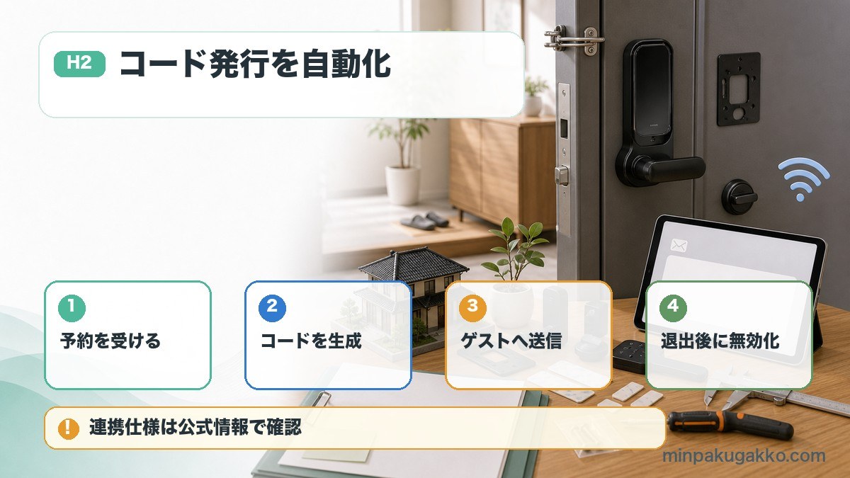 民泊のスマートロック連携で予約、コード生成、ゲスト送信、退出後無効化を整理した図