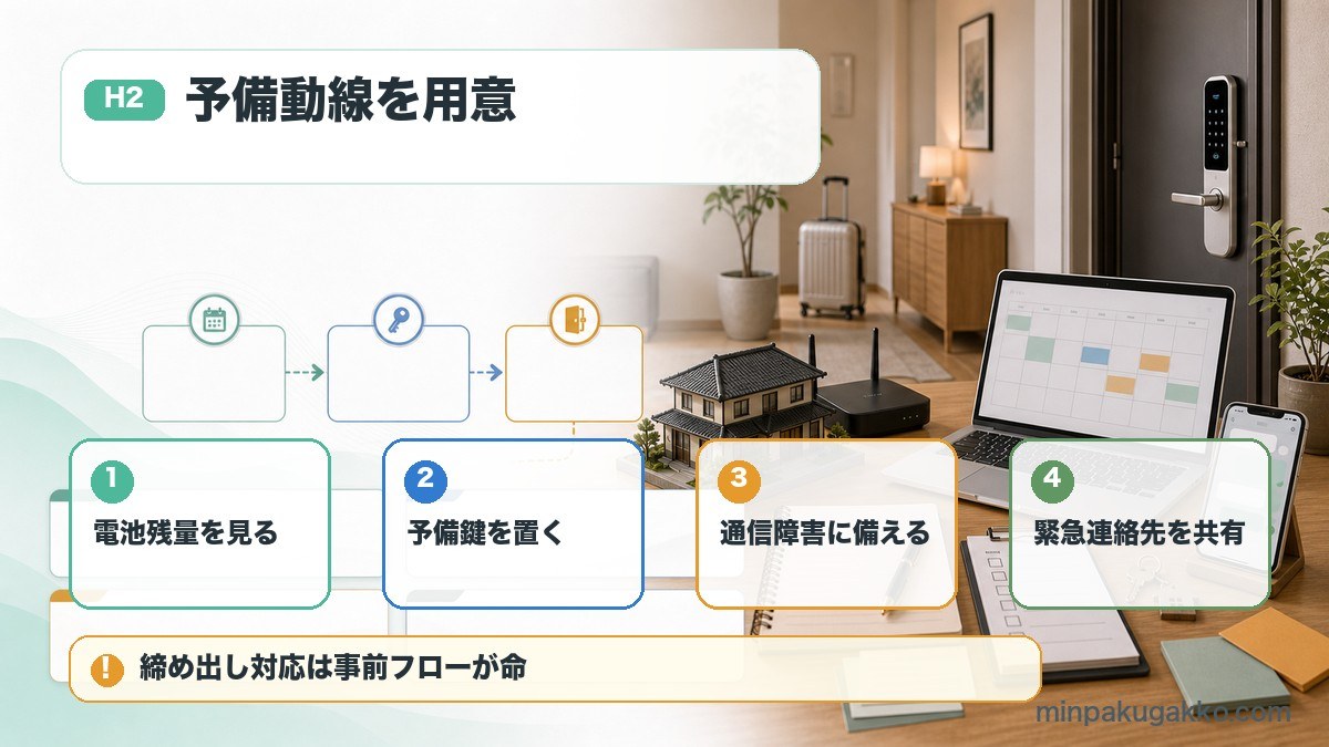 民泊の鍵トラブルで電池残量、予備鍵、通信障害、緊急連絡先を確認する図
