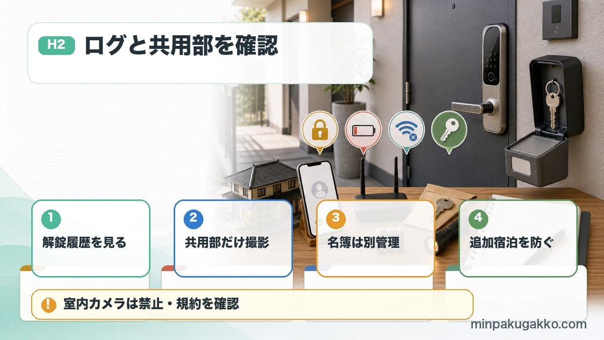 民泊のセキュリティ強化で解錠履歴、共用部カメラ、宿泊者名簿、追加宿泊防止を整理した図