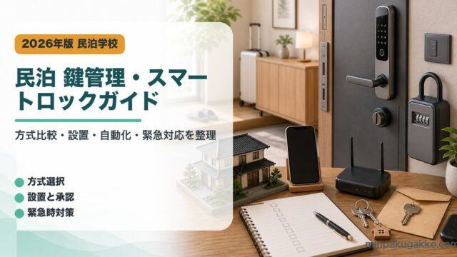 民泊の鍵管理とスマートロックで確認する方式選択、設置承認、自動化、緊急時対応、セキュリティをまとめたアイキャッチ画像