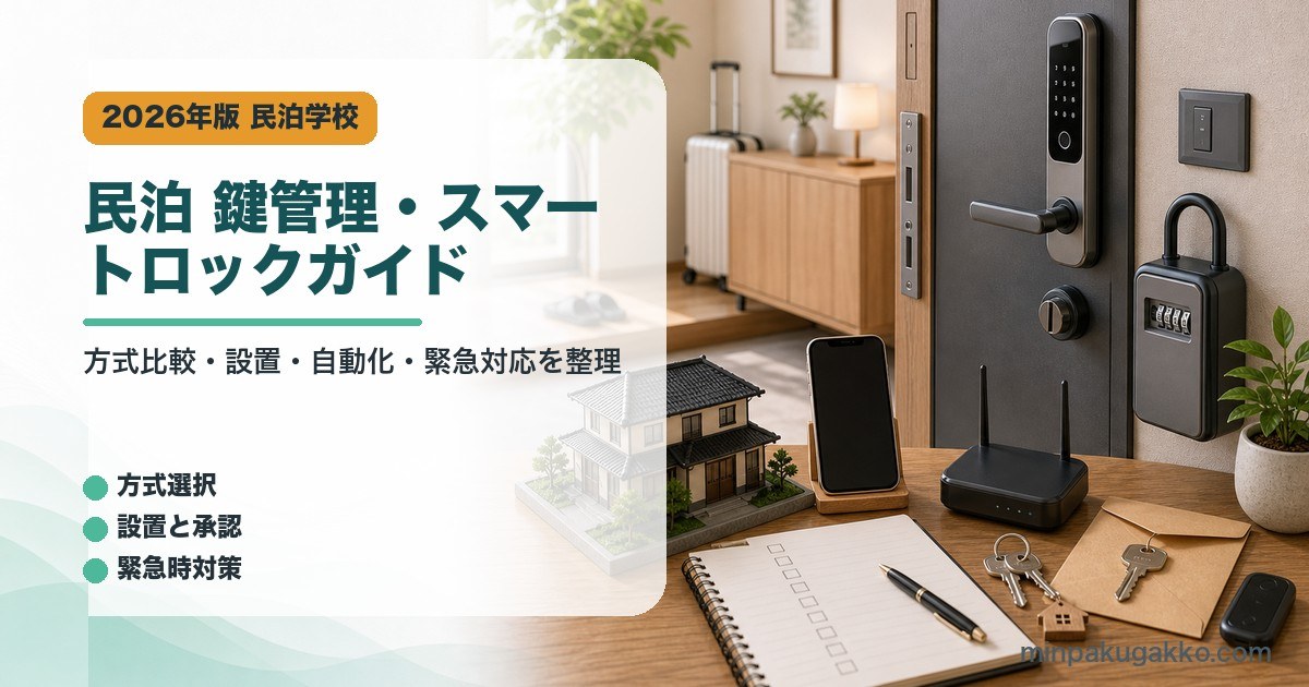 民泊の鍵管理とスマートロックで確認する方式選択、設置承認、自動化、緊急時対応、セキュリティをまとめたアイキャッチ画像