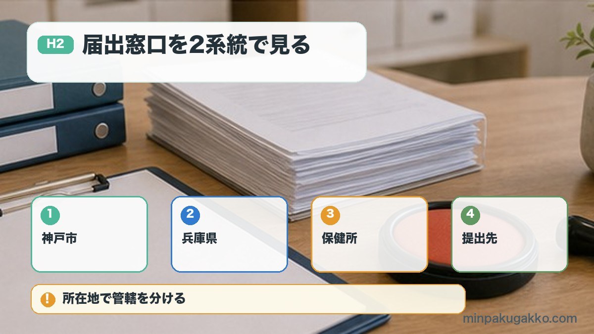届出窓口を2系統で見るを神戸市、兵庫県、保健所、提出先で整理する図解